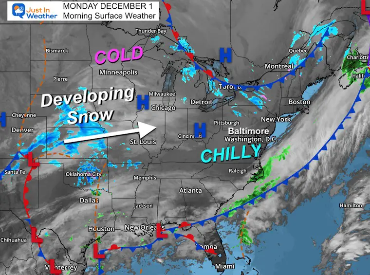 December 1 weather snow map Monday morning