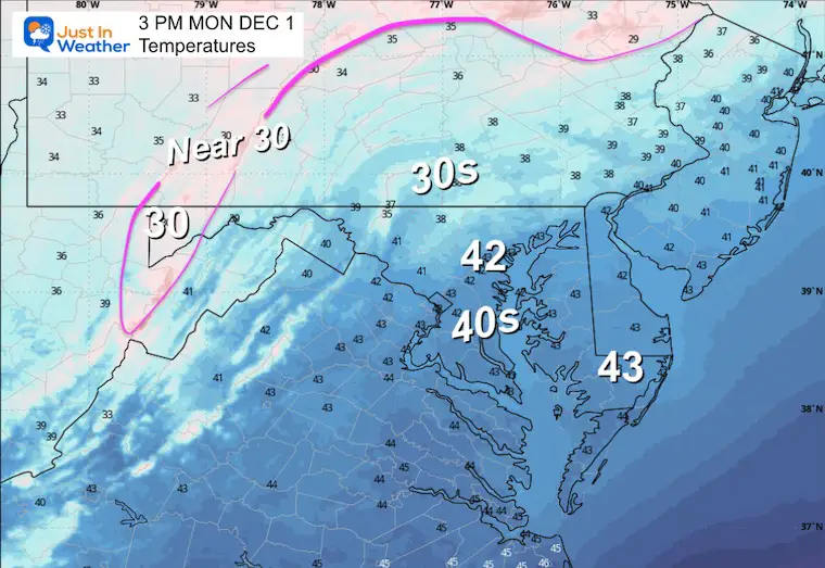 December 1 weather storm forecast Temperatures Monday afternoon