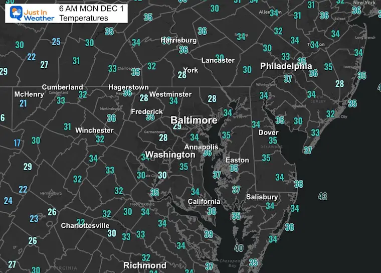 December 1 weather storm forecast Temperatures Monday morning