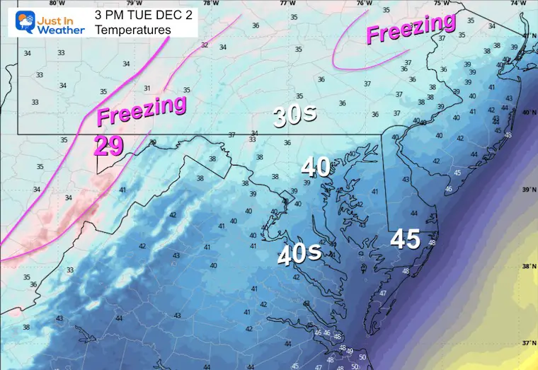 December 1 weather storm forecast Temperatures Tuesday Afternoon