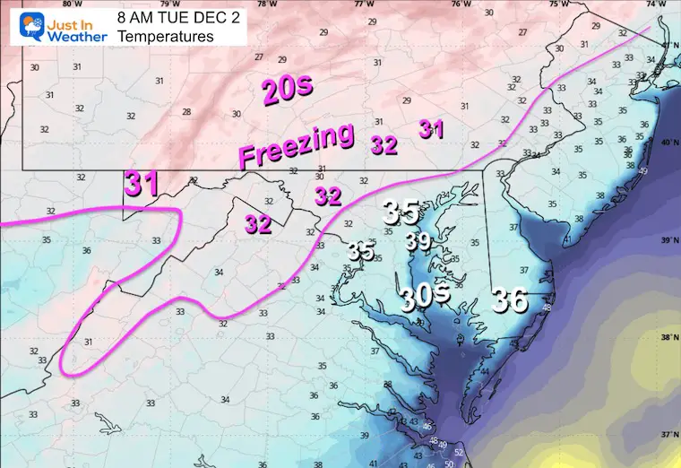 ScreenshotDecember 1 weather temperatures rain Tuesday morning 8 AM