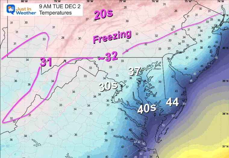 December 1 weather storm forecast Temperatures Tuesday Morning 9 AM