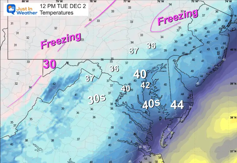 December 1 weather temperatures Tuesday Noon 12 PM