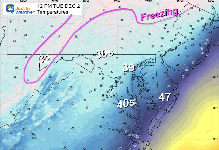 December 1 weather storm forecast Temperatures Tuesday Noon