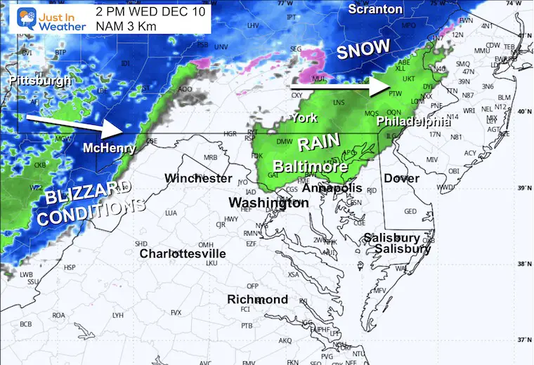 December 10 weather rain snow forecast Wednesday Afternoon 2 PM