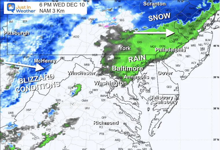 December 10 weather rain snow forecast Wednesday Afternoon 6 PM
