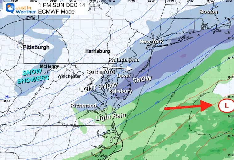 December 11 weather snow forecast ECMWF Model Sunday 1 PM