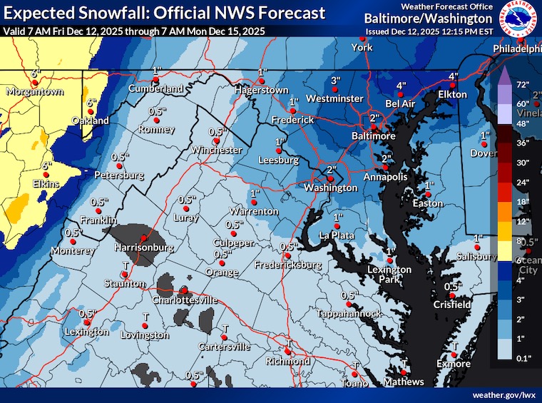 December 12 weather forecast snow Natural Weather Service Baltimore Washington Maryland