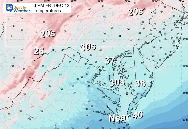 December 12 weather temperatures Friday afternoon