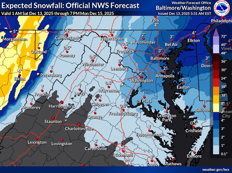 December 13 weather snow total forecast NWS Baltimore Washington