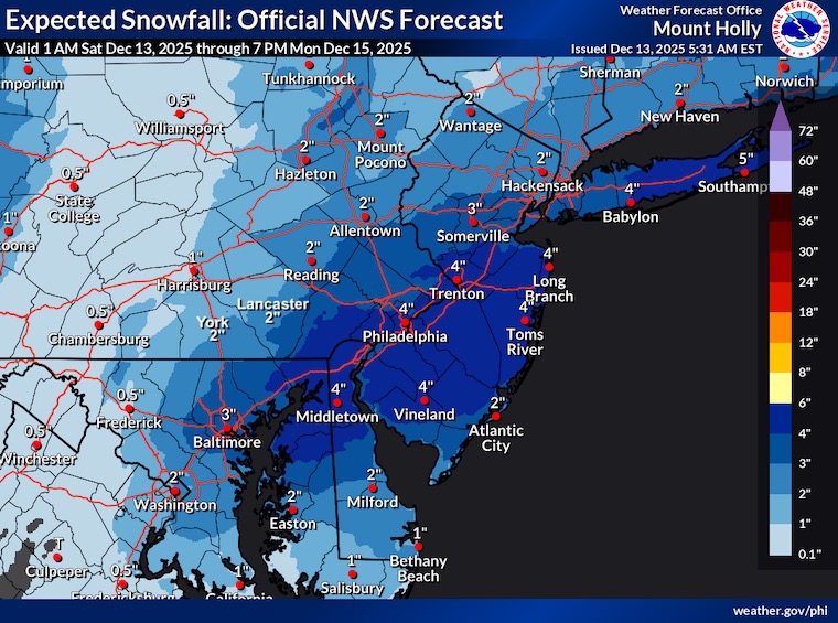 December 13 weather snow total forecast NWS Philadelphia Mount Holly