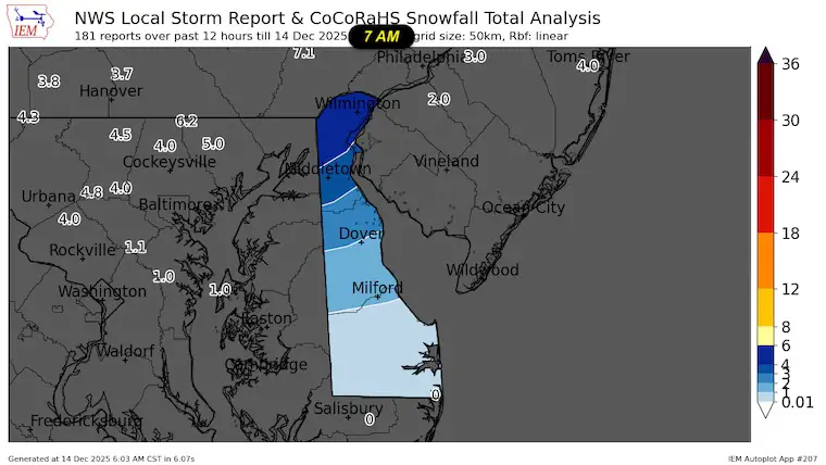 December 14 preliminary snow reports 7 AM Delaware
