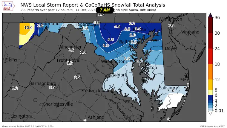 December 14 preliminary snow reports 7 AM Maryland