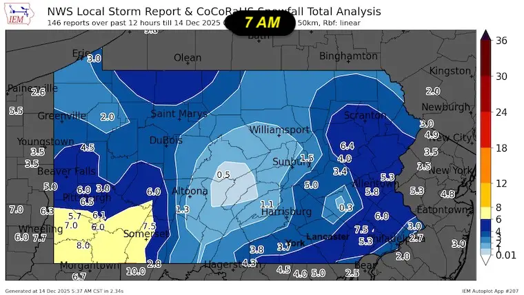 December 14 preliminary snow reports 7 AM Pennsylvania