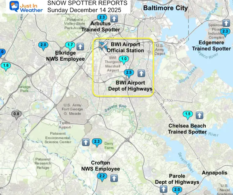 December 14 weather snow forecast BWI Baltimore Low