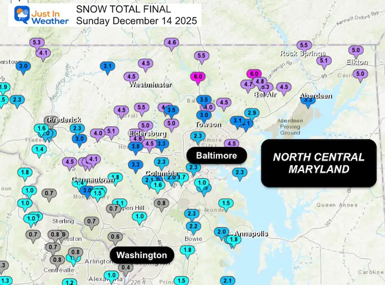 December 14 weather snow spotter map Central Maryland