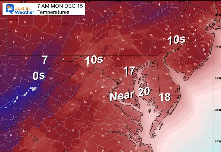 December 14 weather forecast temperatures Monday morning