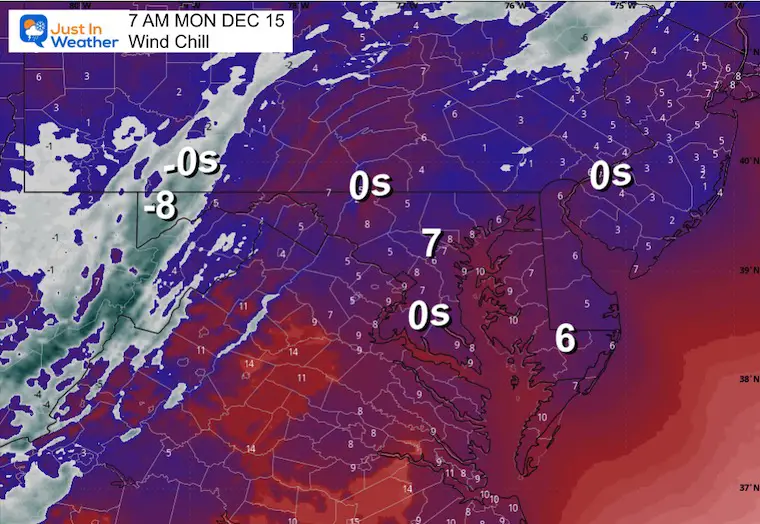 December 14 weather forecast wind chill Monday morning