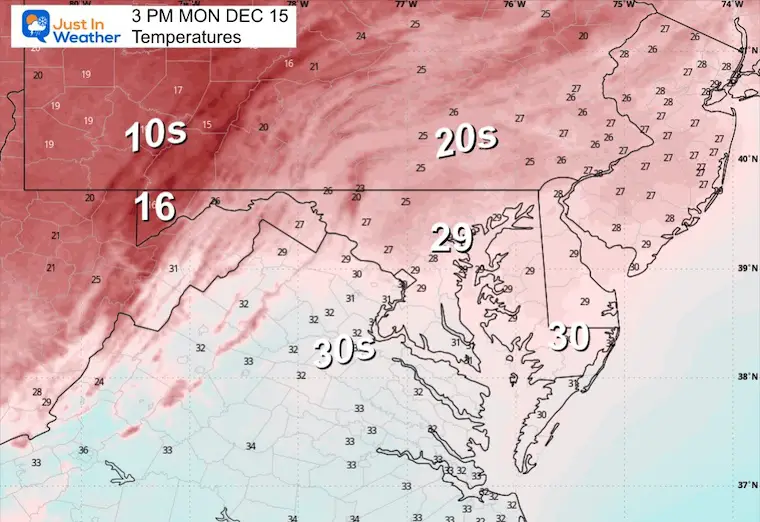December 15 weather temps Monday afternoon