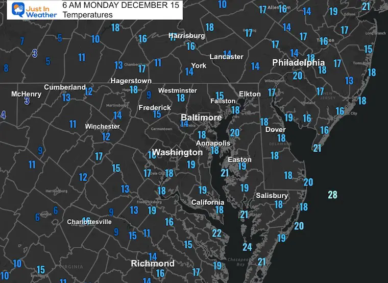 December 15 weather temps Monday morning
