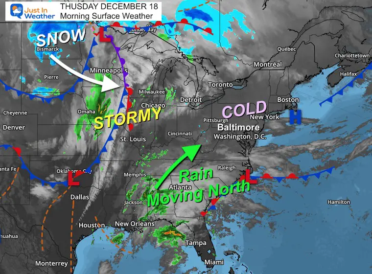 December 18 weather storm map Thursday morning
