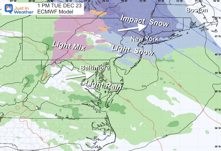 December 20 weather rain snow Tuesday afternoon ECMWF