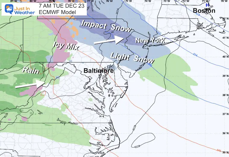 December 20 weather rain snow Tuesday morning ECMWF