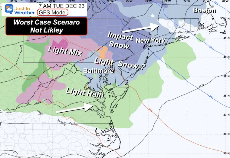 December 20 weather rain snow Tuesday morning GFS