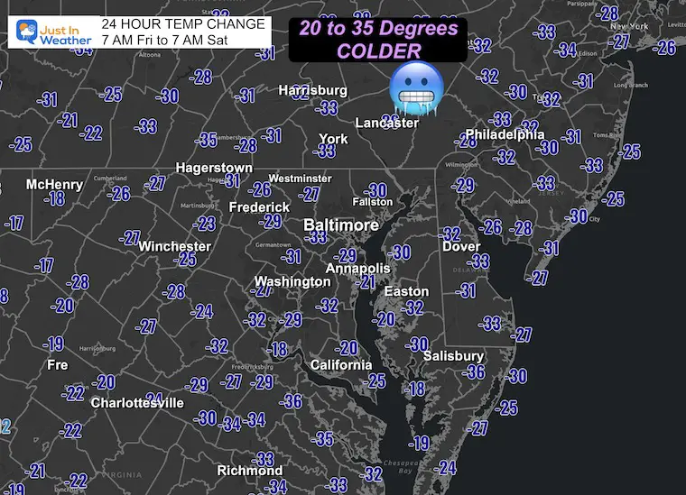 December 20 weather 24 hour temperature change Saturday morning