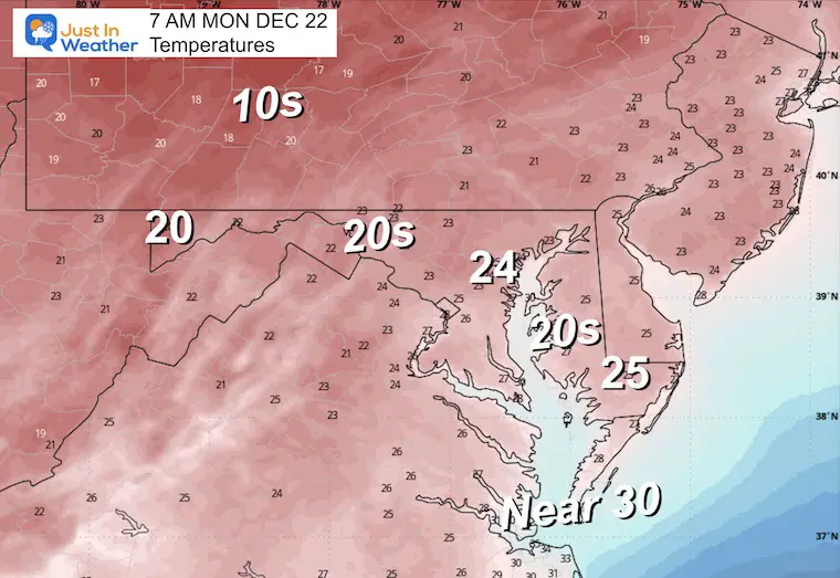 December 21 weather temperature forecast Monday morning