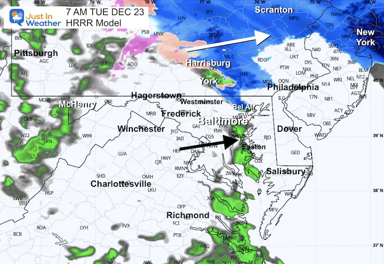 December 22 weather radar snow rain Tuesday 7 AM