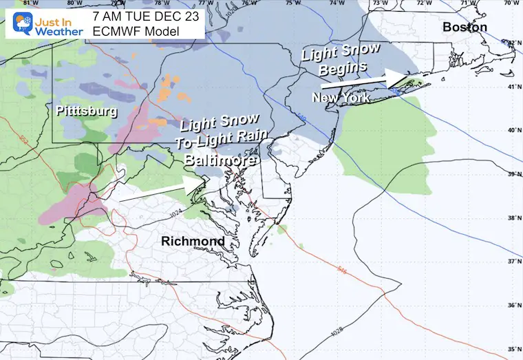 December 22 weather snow forecast maps Tuesday morning