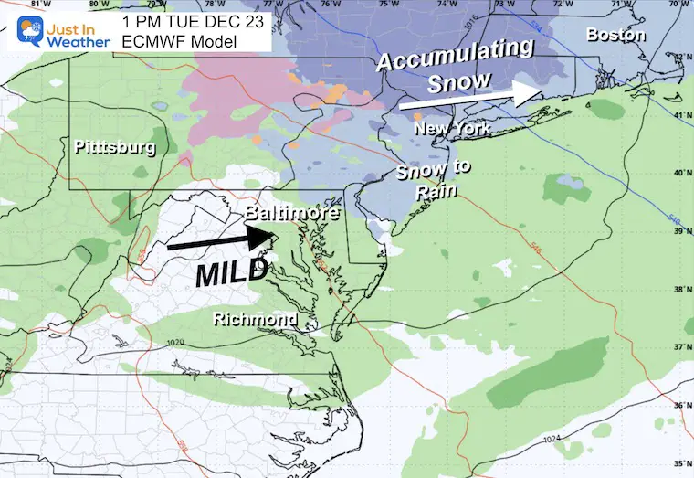 December 22 weather snow forecast maps Tuesday afternoon