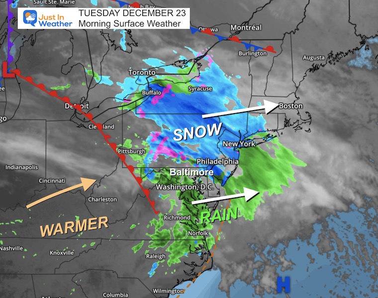 December 23 weather snow rain Tuesday morning