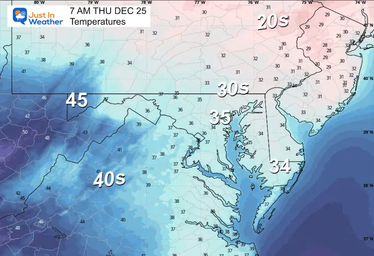 December 24 weather temperatures Thursday morning Christmas Day