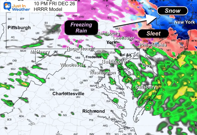 December 26 weather storm radar ice snow rain HRRR 10 PM