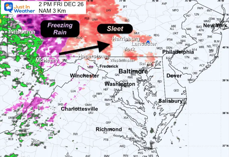 December 26 weather storm radar ice snow rain NAM 3Km 2 PM