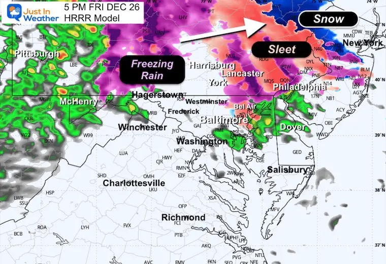 December 26 weather storm radar ice snow rain HRRR 5 PM