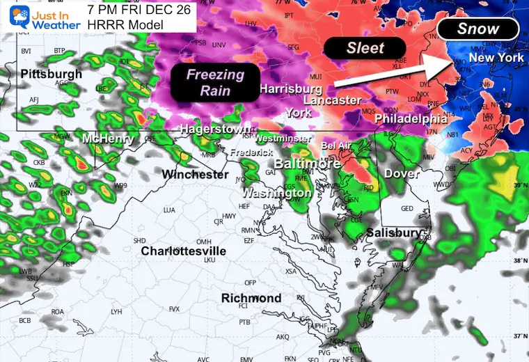 December 26 weather storm radar ice snow rain HRRR 7 PM