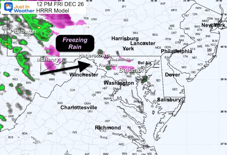 December 26 weather storm radar ice snow rain HRRR Noon