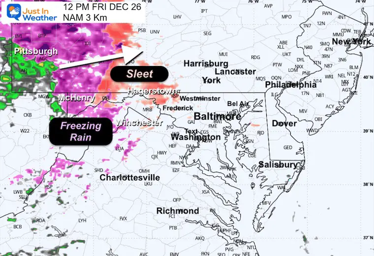 December 26 weather storm radar ice snow rain NAM 3Km Noon