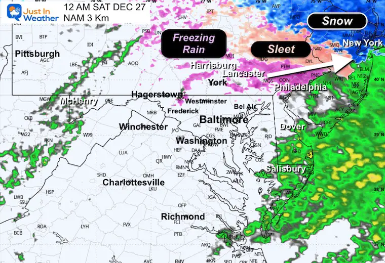 December 26 weather storm radar ice snow rain NAM 3Km Midnight