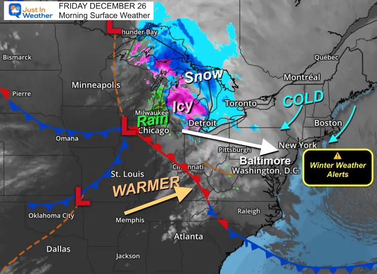 December 26 weather storm map snow ice Friday morning