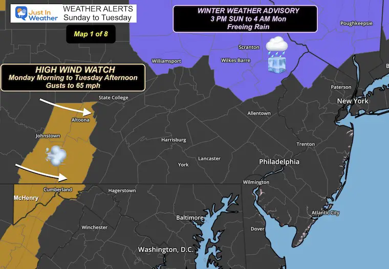 December 28 weather alerts Freezing Rain and High Wind Watch