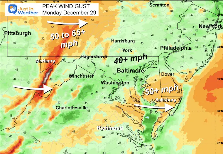 December 28 weather forecast wind gusts Monday
