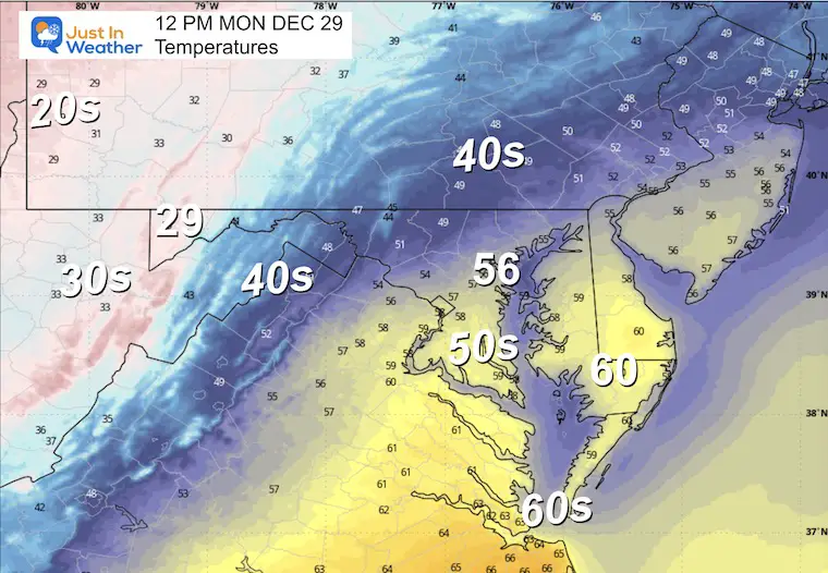 December 28 weather temperatures Monday noon