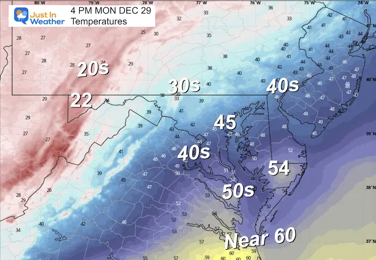 December 28 weather temperatures Monday afternoon