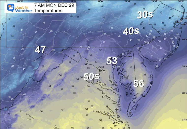 December 28 weather temperatures Monday morning