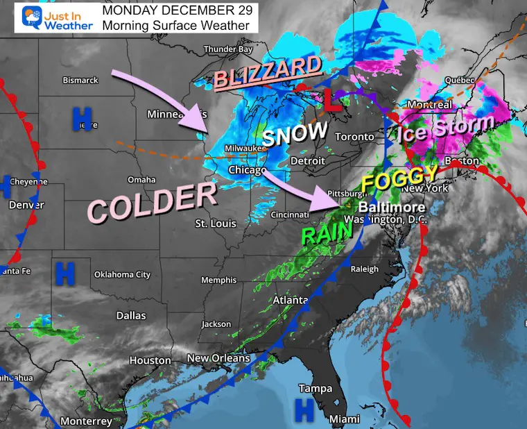 December 29 weather blizzard bomb cyclone wind advisory Monday morning
