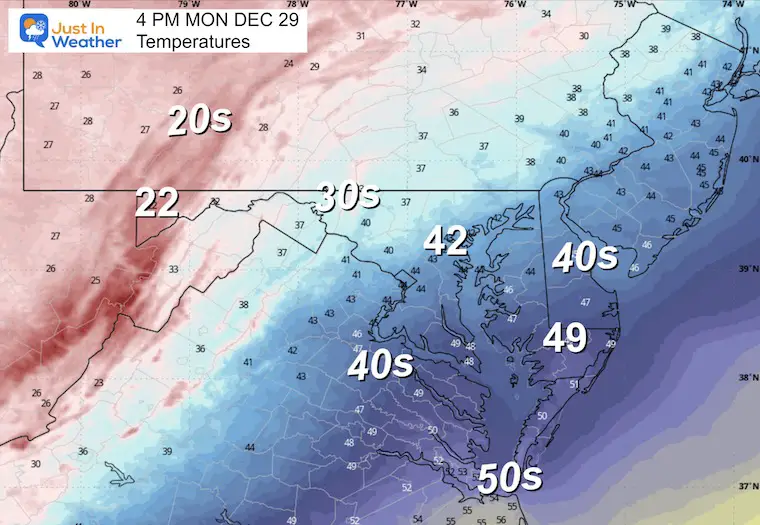 December 29 weather temperatures Monday afternoon